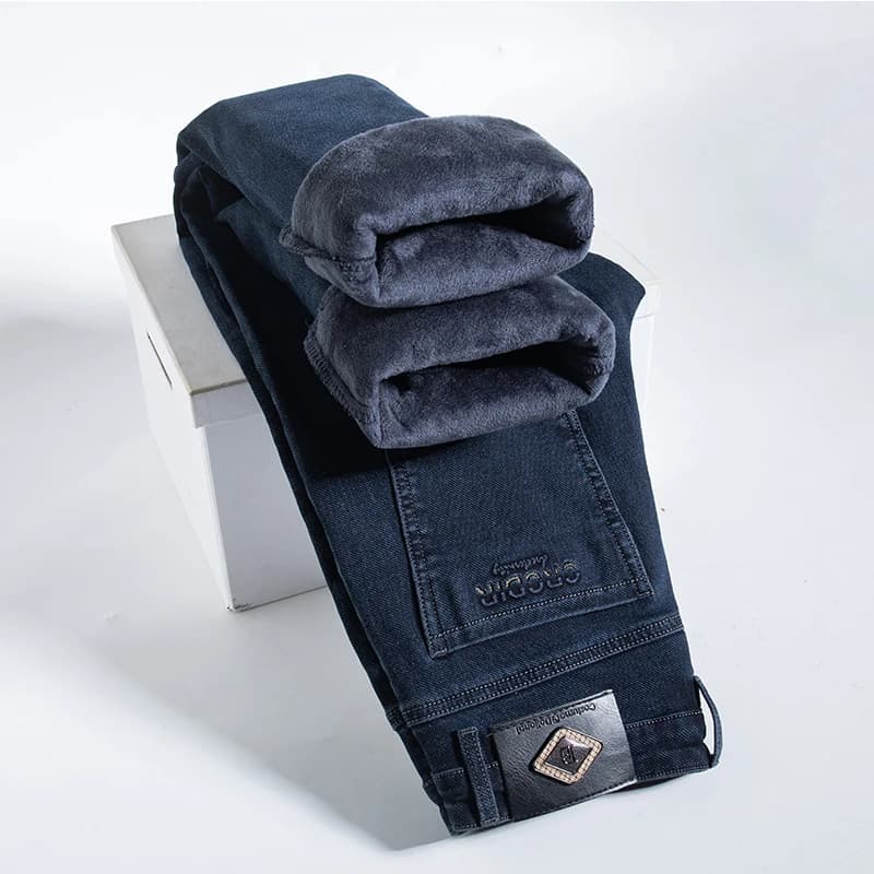 Inverno 2024 Jeans in pile addensato da uomo Pentole da lavoro Pantaloni in denim Pantaloni larghi dritti elasticizzati caldi Maschile Haze Blu Nero Grigio