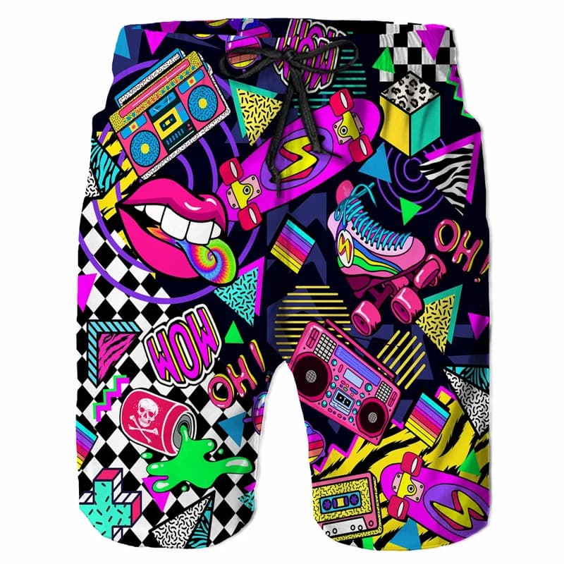 Pantaloncini da spiaggia da uomo con graffiti colorati e musica a tema cartoni animati, costumi da bagno stampati in 3D, pantaloncini estivi da surf