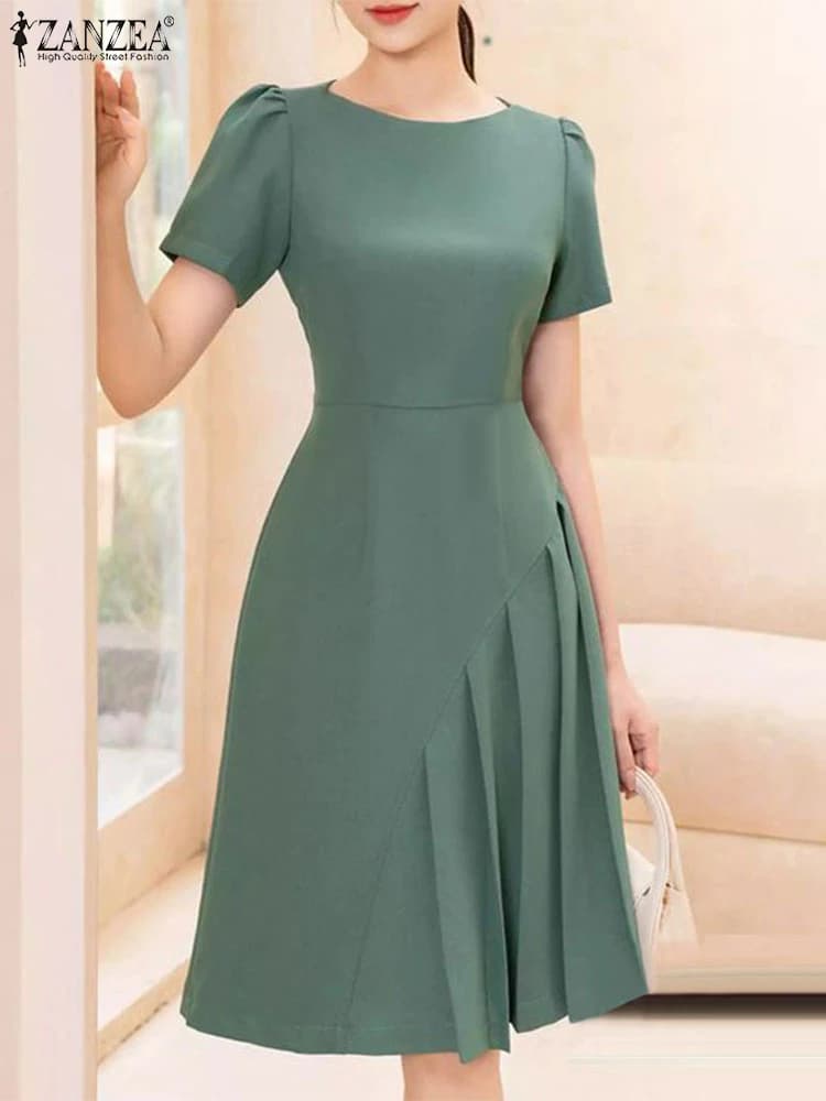 ZANZEA 2025 Donna Moda Abito a pieghe Estate Manica corta O Collo Vita aderente Abiti al ginocchio Abiti eleganti da festa Femme