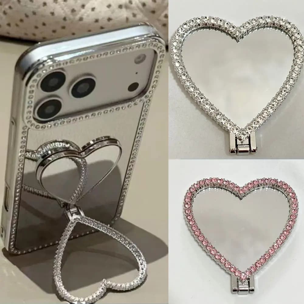 Supporto per Telefono a Cuore con Diamanti Bling e Specchio 2 in 1, Pieghevole, a Cuore Vuoto, con Funzione Kickstand per iPhone 17 16 Pro Max