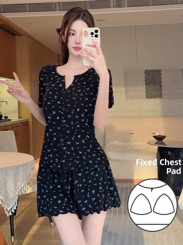 Sweet Floral Print Modal Sleepwear Set with Chest Pad Women's Short Sleeve Shorts Home Clothes Summer Comfortable Underwear