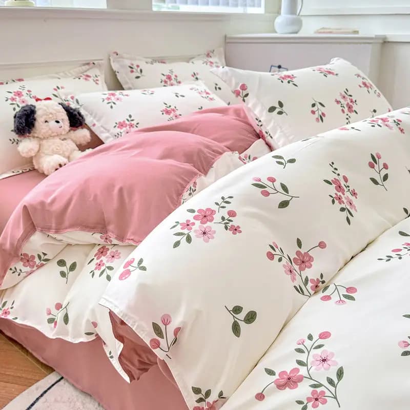 Set biancheria da letto bianco rosa Ins floreale Twin Queen Size Copripiumino Lenzuolo piatto Federa senza riempitivo Biancheria da letto per dormitorio domestico per ragazza ragazzo
