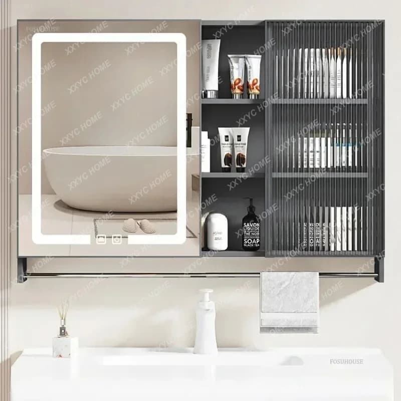 Armadietto a Specchio Intelligente Moderno in Lega di Alluminio per Bagno, Organizzatore Integrato a Parete con Vano Portaoggetti Separato