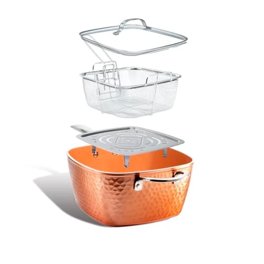 Padella Profonda Quadrata Antiaderente 9.5" con Rivestimento in Ceramica, Pentola per Frittura Profonda con Cestello, Set 4 Pezzi in Titanio C