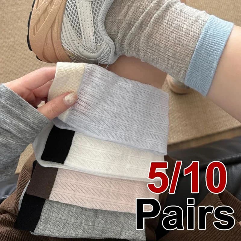 5/10 Pairs Women Mesh Color Blocked Mid Tube Socks Spring Summer Hollow out Thin Design Breathable Soft Comfortable Casual Socks