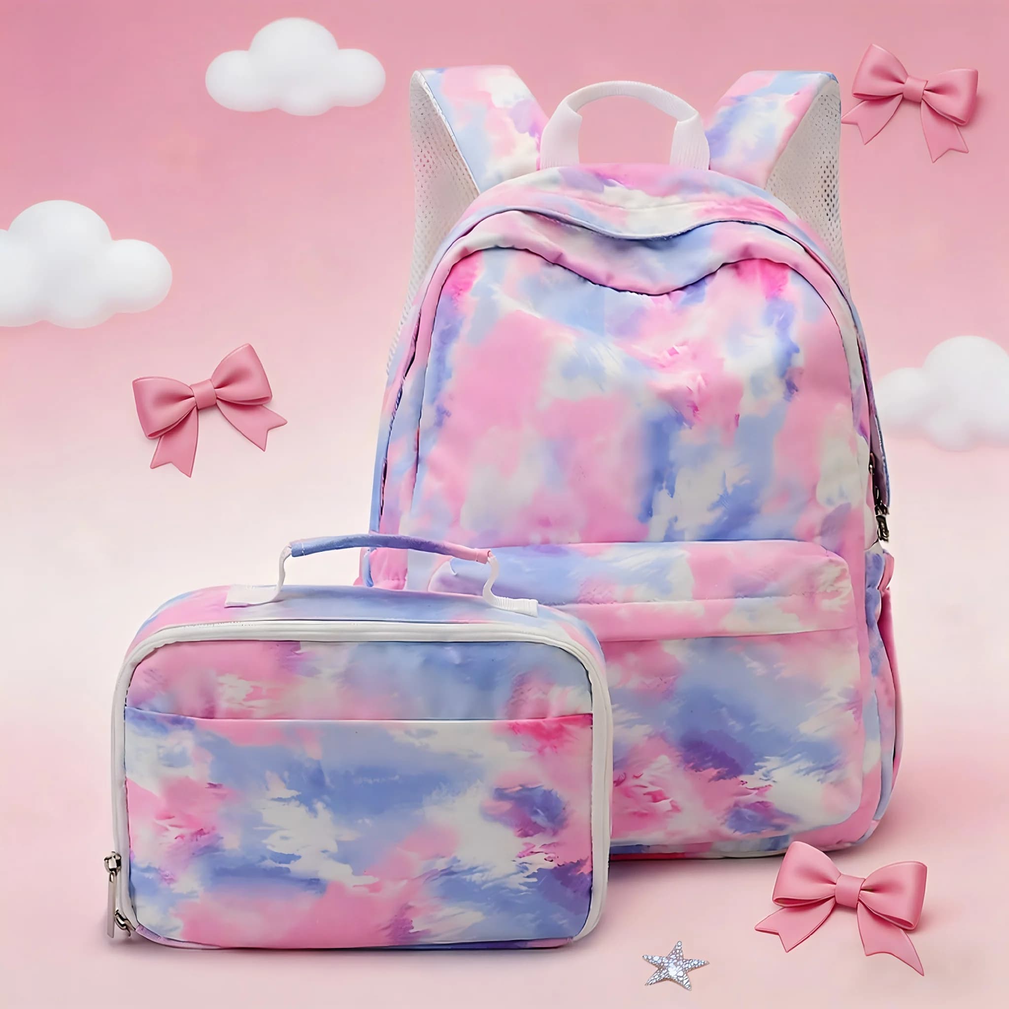 TINYAT 2026 Nuovo Set di 2 Zaini con Motivi a Nuvole, Leggeri e Traspiranti, Borsa Scolastica Capiente per Donne e Viaggi