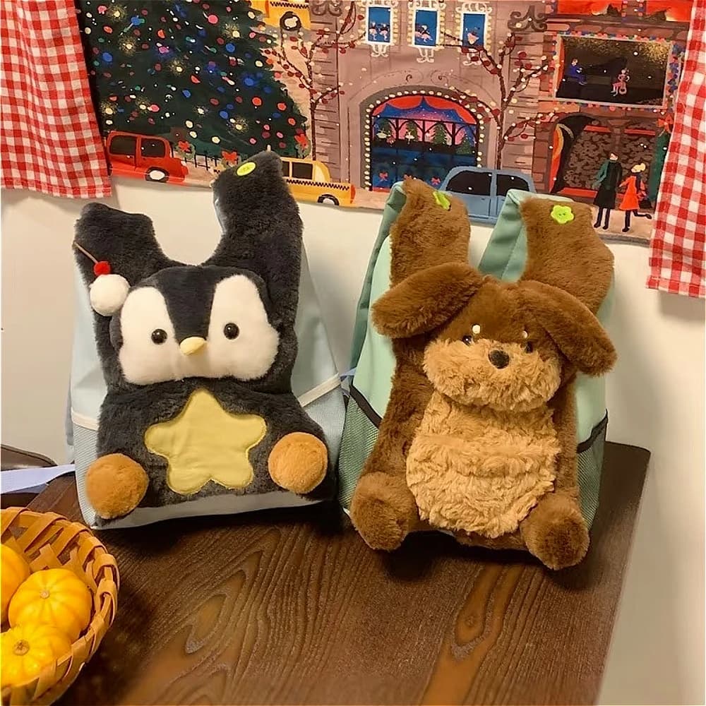 Ins Style Cute Cartoon Puppy Backpack, Plush Penguin Bag, Casual Versatile School Bag for Girls, Daily Commute Backpack