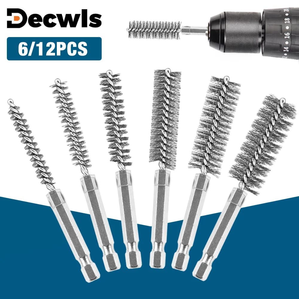 6/12 pcs stainless steel wire brush set, drilling brush set, 1/4 inch hexagonal handle, home sanding tools, polishing, rust cleaning and removal