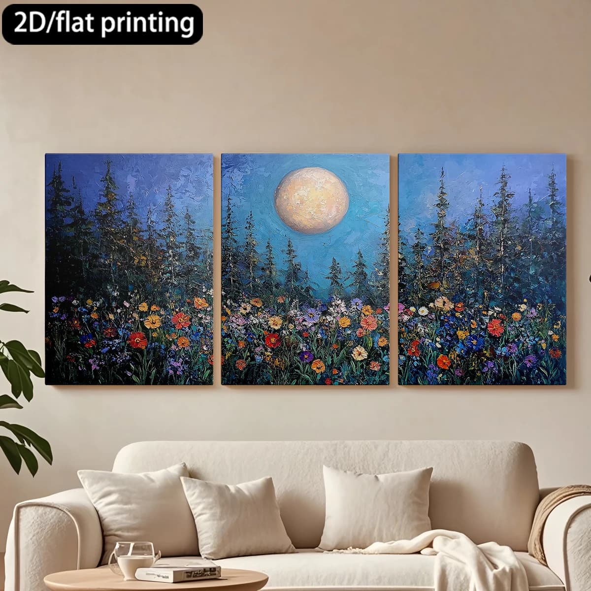 Dipinto decorativo su tela con cornice in legno, 3 pezzi. Notte di luna piena, foresta, prato di fiori. Decorazione per corridoio e camera da letto.