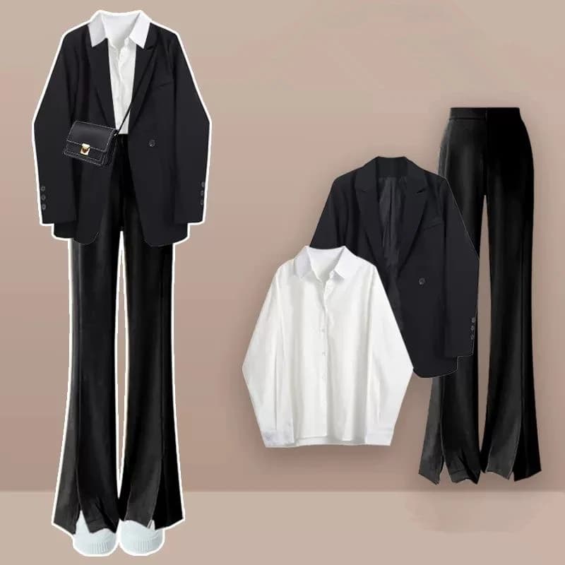 Blazer neri primavera autunno da donna camicie Flare Split Pants 1 o tre pezzi Set Office Lady Suit Jacket camicetta pantaloni Outfit