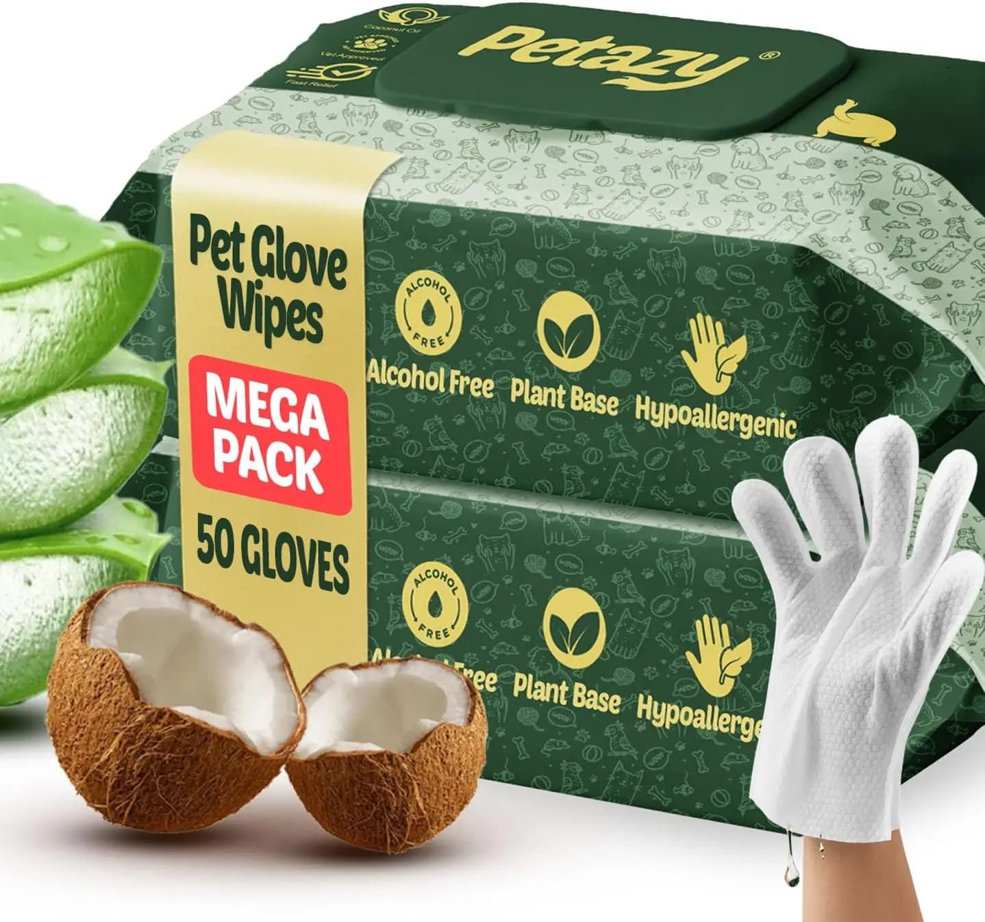 Guanti Ipoallergenici per la Pulizia degli Animali Domestici con Aloe e Olio di Cocco per Cani e Gatti, Confezione da 50 Salviette per Toelettatura Senza Risciacquo