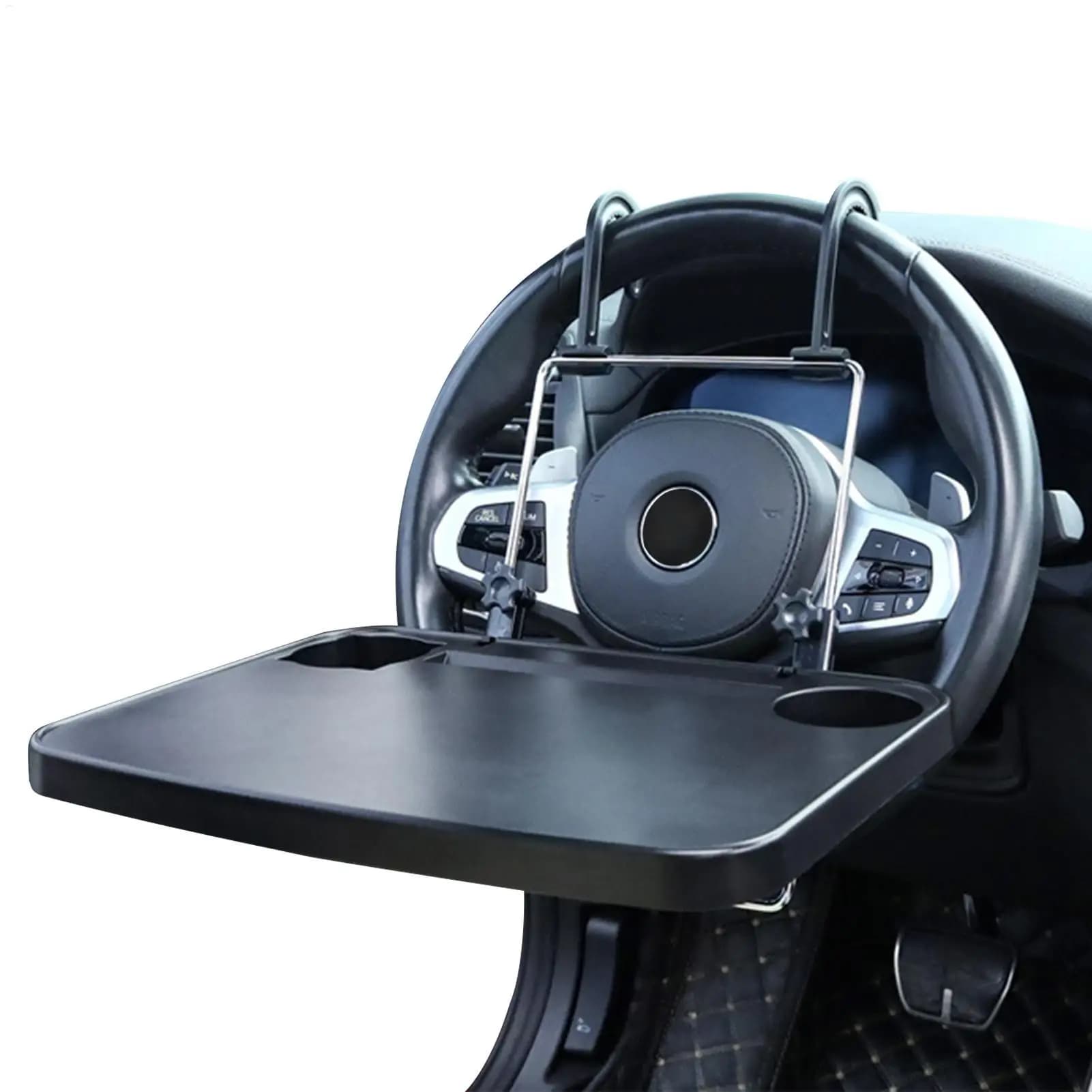 Tavolino pieghevole da volante per auto, supporto per laptop, portabicchieri, vassoio da pranzo per interni auto