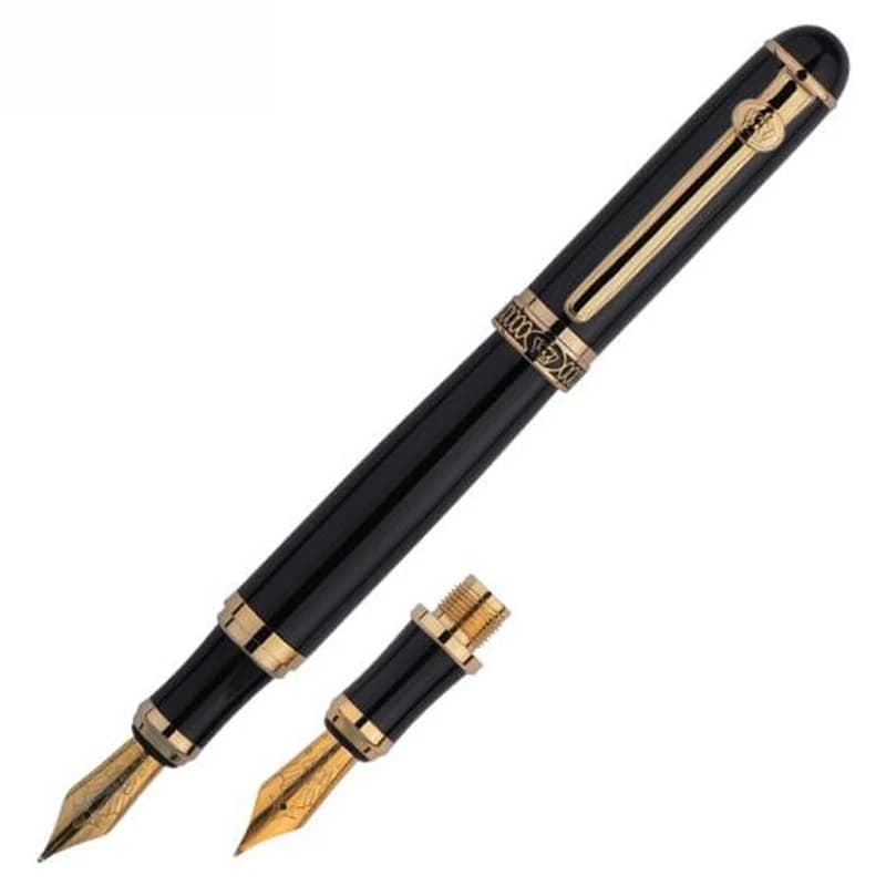 Duke D2 Black & Golden Clip D2 Medium Nib Fountain Pen With 1pc Calligraphy Fude Bent Nib Interchangeable Set Supplies
