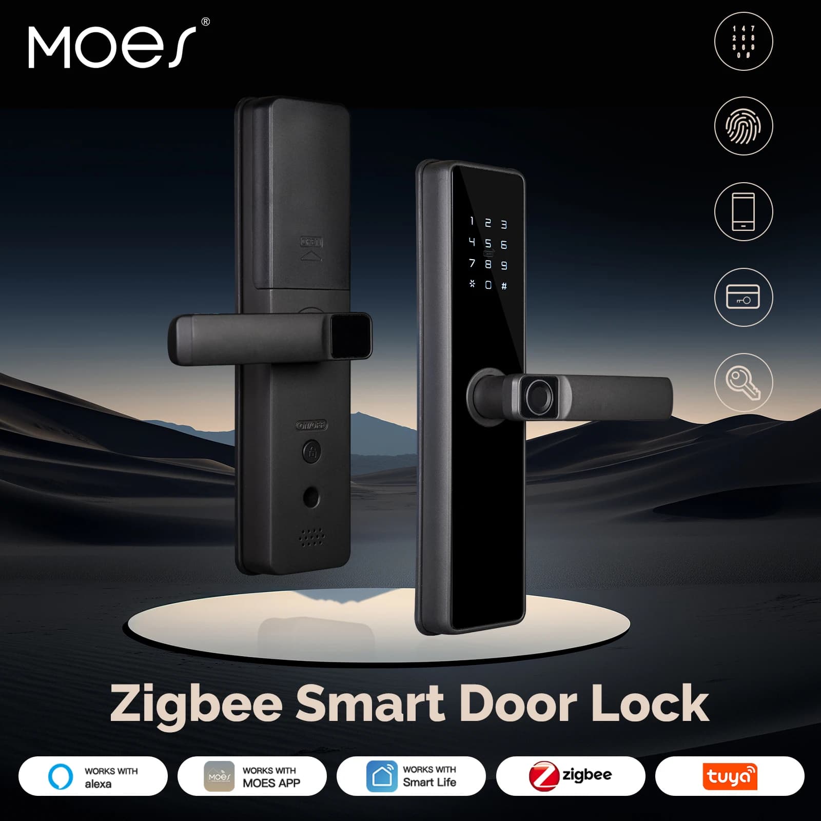 MOES Tuya ZigBee Smart Door Lock Impronta digitale Password interna Sblocco remoto Tastiera Allarme antimanomissione Supporto Alexa Alimentato a batteria