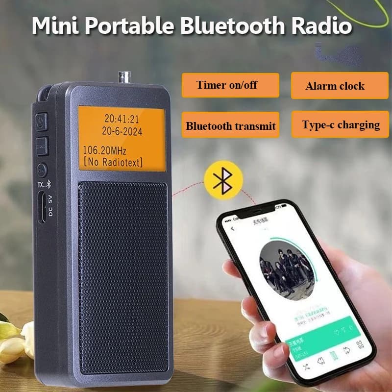 Mini radio FM tascabile Radio portatile Bluetooth che trasmette con display a LED Lettore musicale wireless Supporto sveglia Cuffie