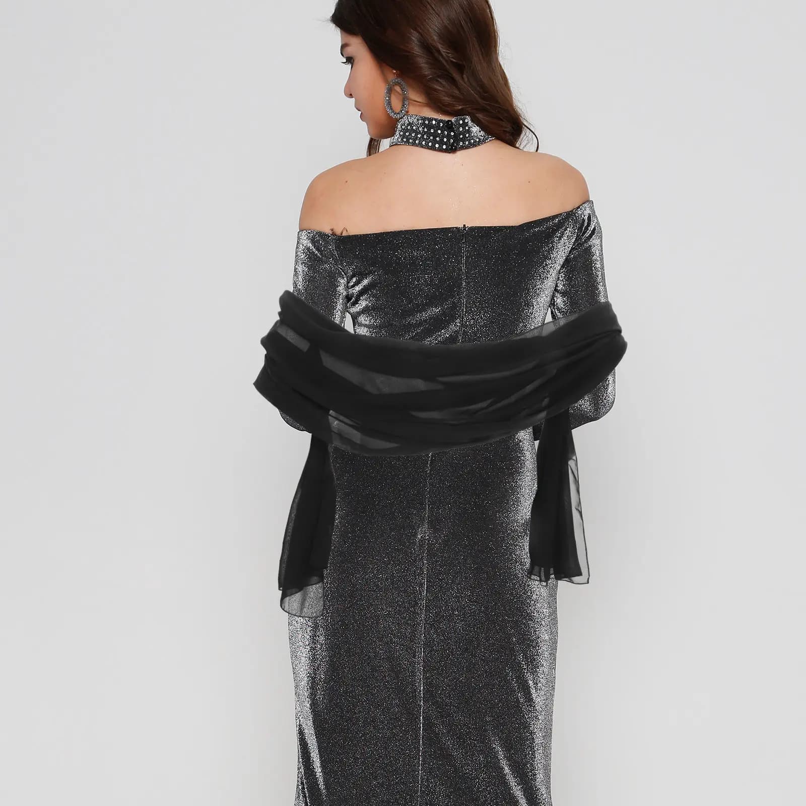 Sciarpa in chiffon 200x70 cm da donna, leggera, nera, elegante, per abiti da sera, damigelle, invitati a matrimoni