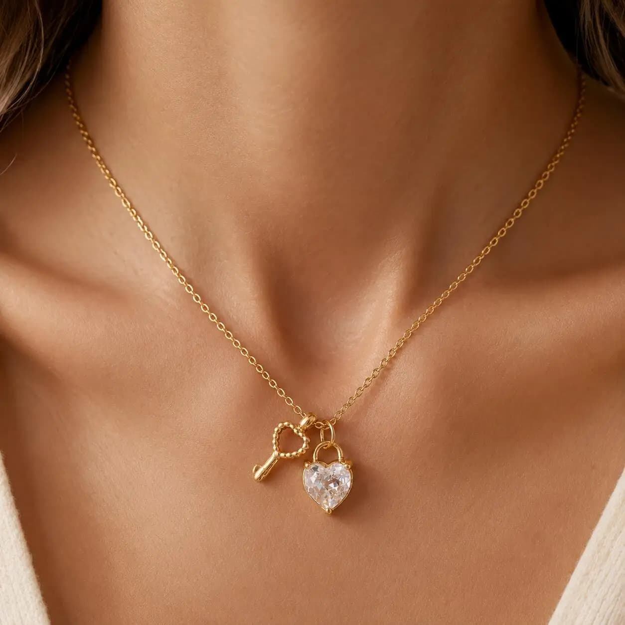 Lock and Key Heart Necklace for Women, Luxury Gold Plated Stainless Steel Zirconia Pendant, Valentine Gift