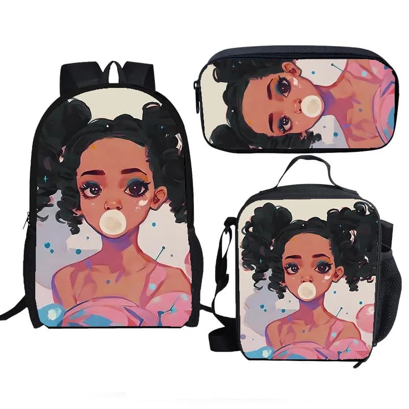 Harajuku Youthful Funny African girl 3D Print 3pcs/Set Student Travel bags Laptop Daypack Backpack Lunch Bag Pencil Case
