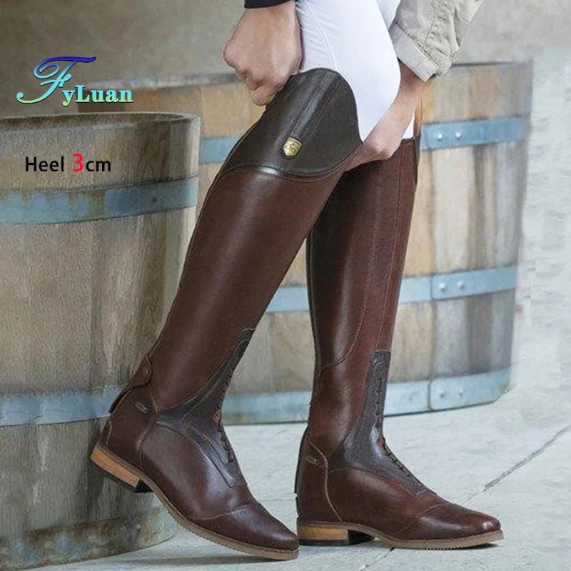 Size 35-48 Knee Knight Boots Fashionable Women's Leather Motorcycle Boots British Style 3CM Wide Heel Autumn Winter Shoes