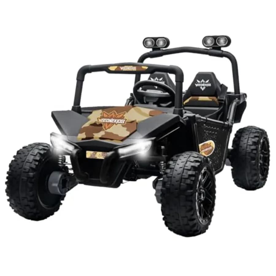 Macchina elettrica giocattolo per bambini da 3-8 anni, a forma di camion da corsa fuoristrada, colore deserto, in plastica ABS, con 4 motori da 75W, altoparlante Bluetooth e