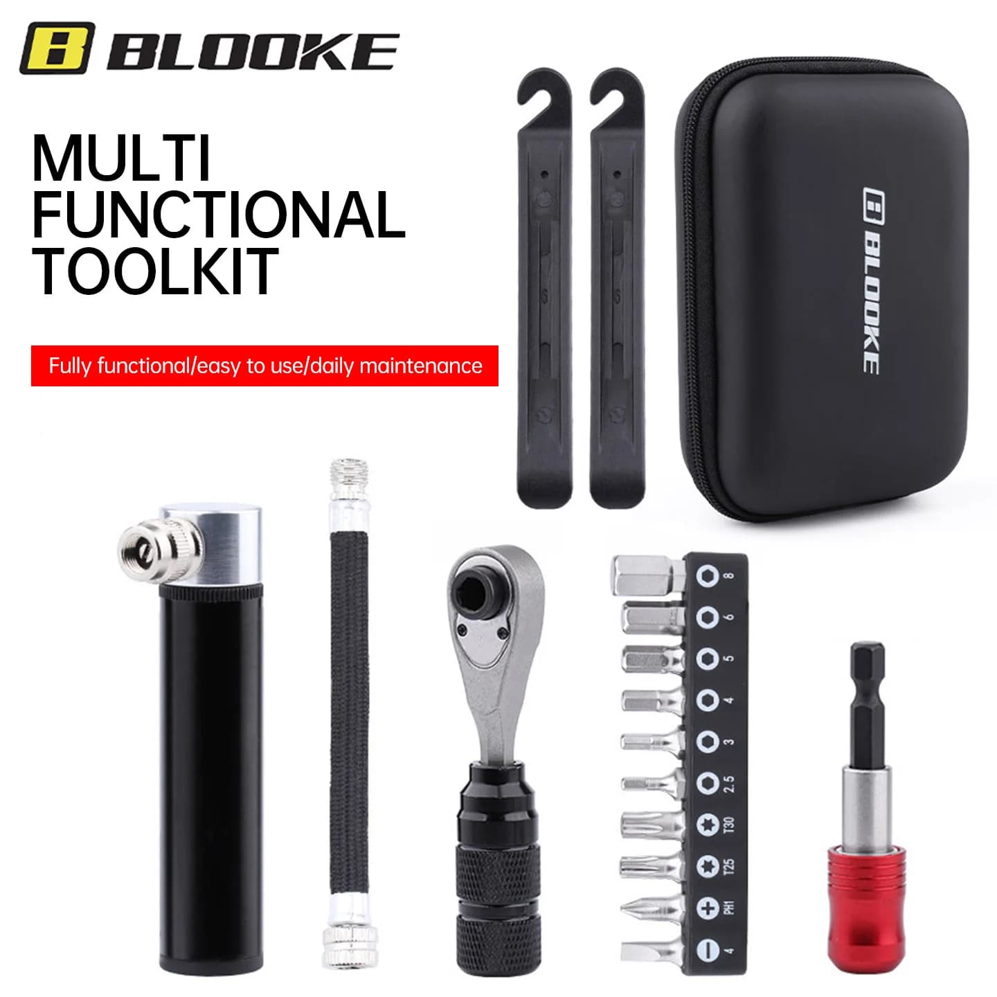 BLOOKE Multifunctional Bicycle Repair Tool Kit with Ratchet Wrench, Sockets, Tire Pry Bar & Pump for MTB Road Bike