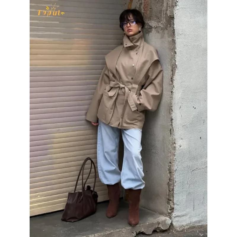 Trench con colletto alla coreana con lacci Cappotto da donna chic con risvolto monopetto in vita che abbraccia cappotti da strada per pendolari autunnali da donna