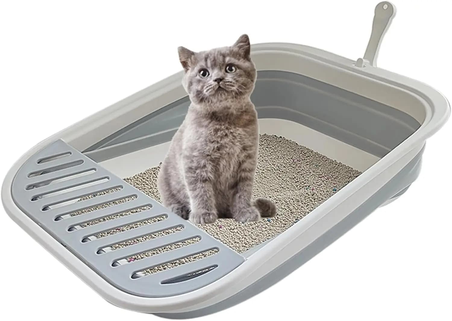 Collapsible Kitten Litter Box, Open Cat Potty Pan with Scoop Foldable Shallow Cat Toilet Anti-Splashing Low Entrance Travel Litter Box with Falling Sand Pedal Grey