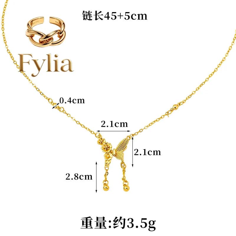 Fylia Jewelry Luxury 24K 9999 Pure Gold real gold Women's Butterfly Love Flower Bracelet Ring Necklace suit