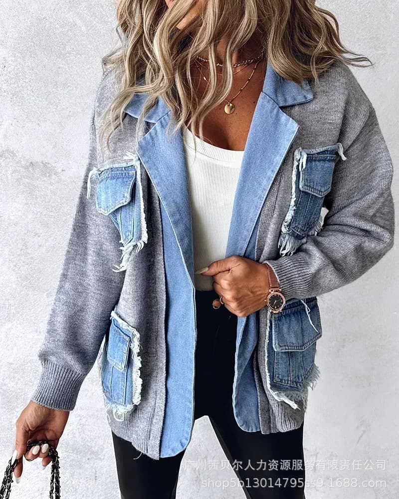 Cardigan con orlo grezzo Maglioni da donna Patchwork Colletto dentellato Giacche di jeans lavorate a maglia Maglioni Tasche Cappotti spessi Capispalla autunno inverno
