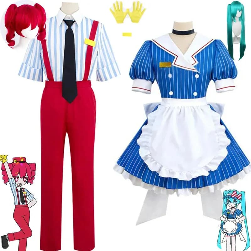 Mikuu Hypnotist Cosplay Camicia con cinturino Pantaloni Cravatta Costume Abito da cameriera Lolita a righe blu Abito uniforme virtuale per festa di Halloween
