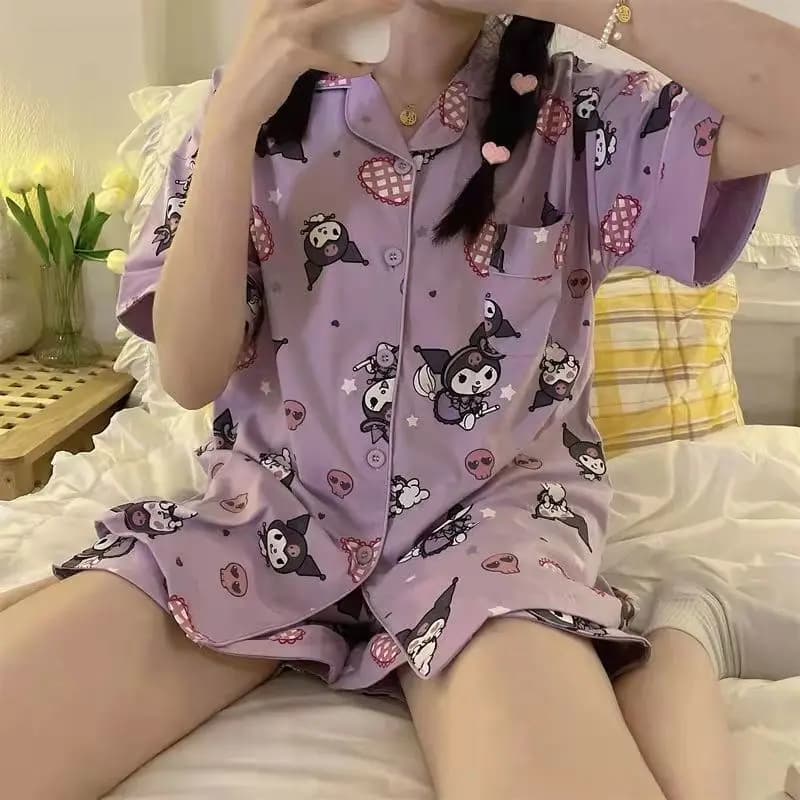 Pigiama Estivo Kawaii Kuromi Hello Kitty da Donna, Set Anime Sanrio Cartoon a Maniche Corte, Pigiama Casual Comodo per Ragazze, Regalo