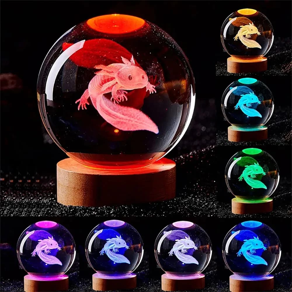 6 cm Axolotl 3D Crystal Ball Laser Engraved Night Light Colorful Fidanzata Class Companion Wife Children Birthday Gift Home Decoration