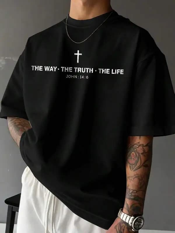 Manfinity Homme Men's Black Oversized T-Shirt,Summer Streetwear City Break White Cross Graphic Print Letter Slogan Tee Faith Inspirational Quote Design Crew Neck