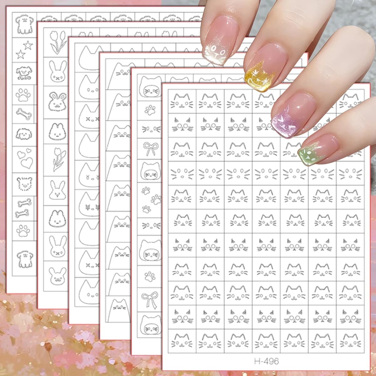 Adesivi per Unghie con Faccia di Gatto da 3 a 12 Fogli, Stencil Autoadesivi con Motivi Animali Carini per Nail Art Fai-da-Te