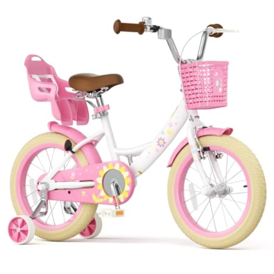 Bicicletta per Bambine da 2-9 Anni, 12 14 16 Pollici, con Rotelle e Sedile per Bambole, Bicicletta con Cestino A