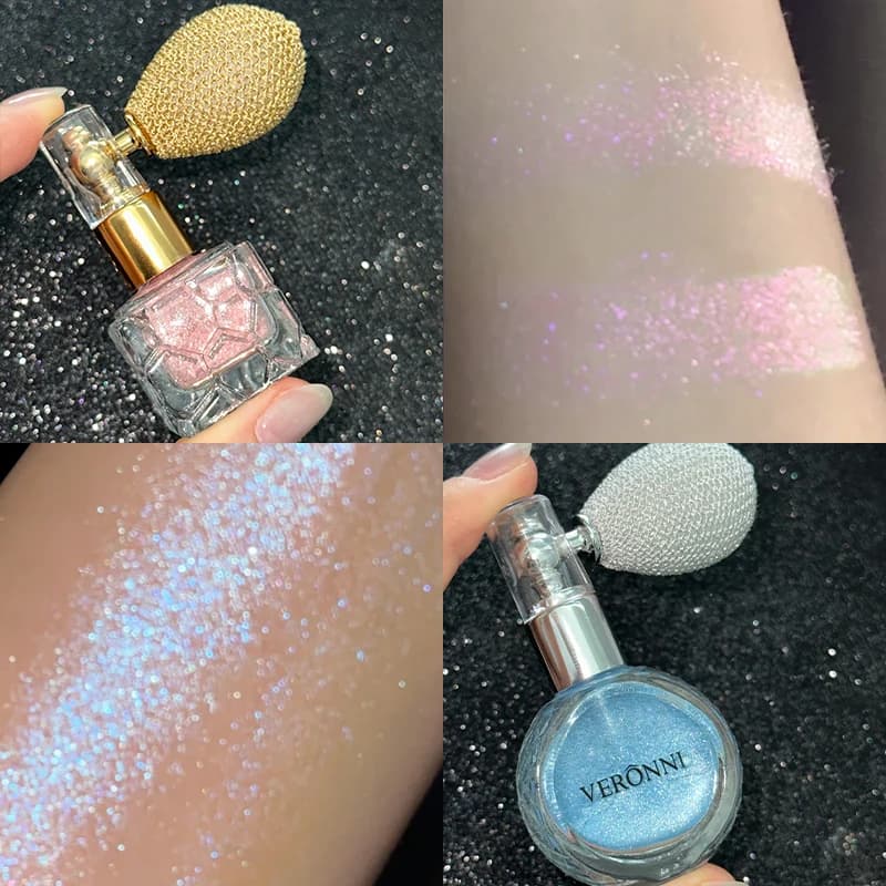 Polvere illuminante, polvere effetto fata, polvere cotta brillante e scintillante ad alta lucentezza per viso e corpo, illuminante a lunga durata, cosmetici per il trucco.
