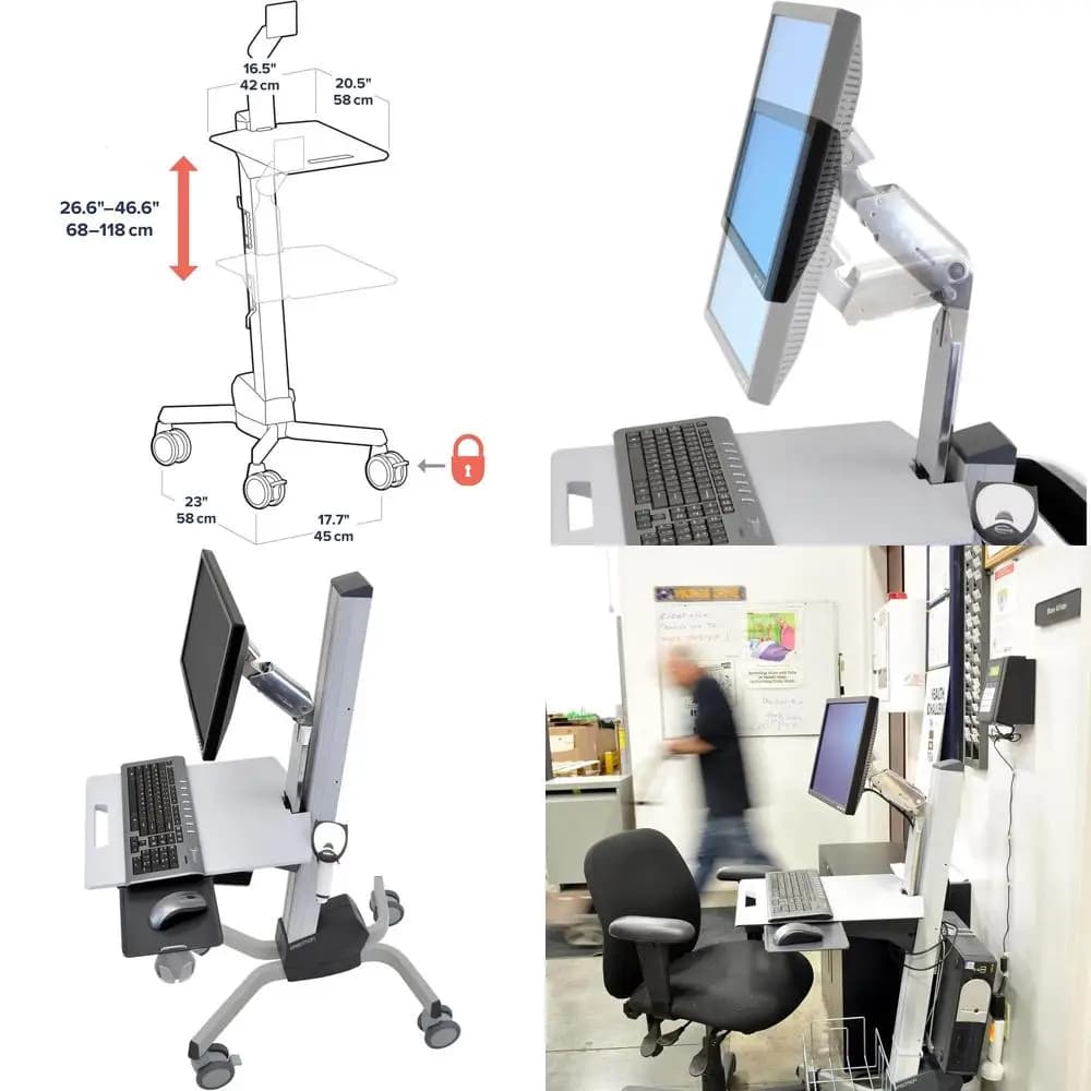 Mobile work station with adjustable desk in height and monitor, grey