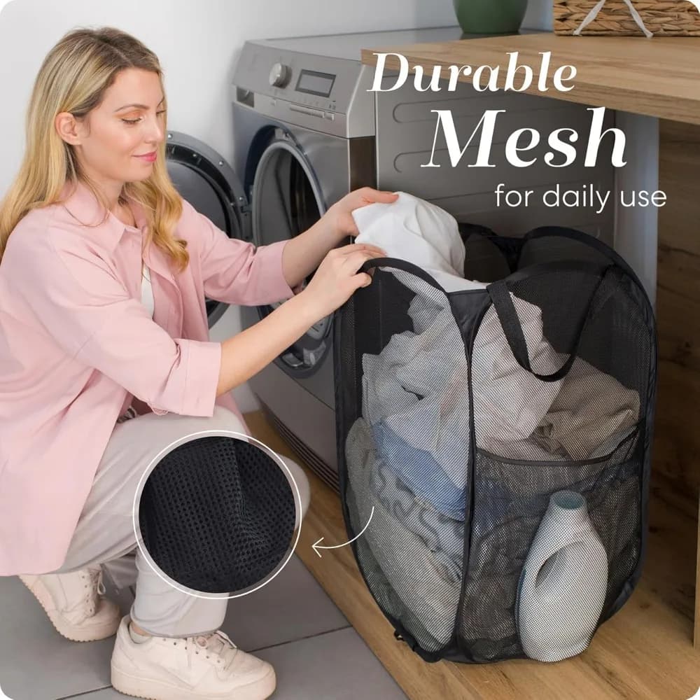 Large foldable linen basket in pop-up mesh, linen basket, side pocket, breathable, to store clothes, arrange laundry storage