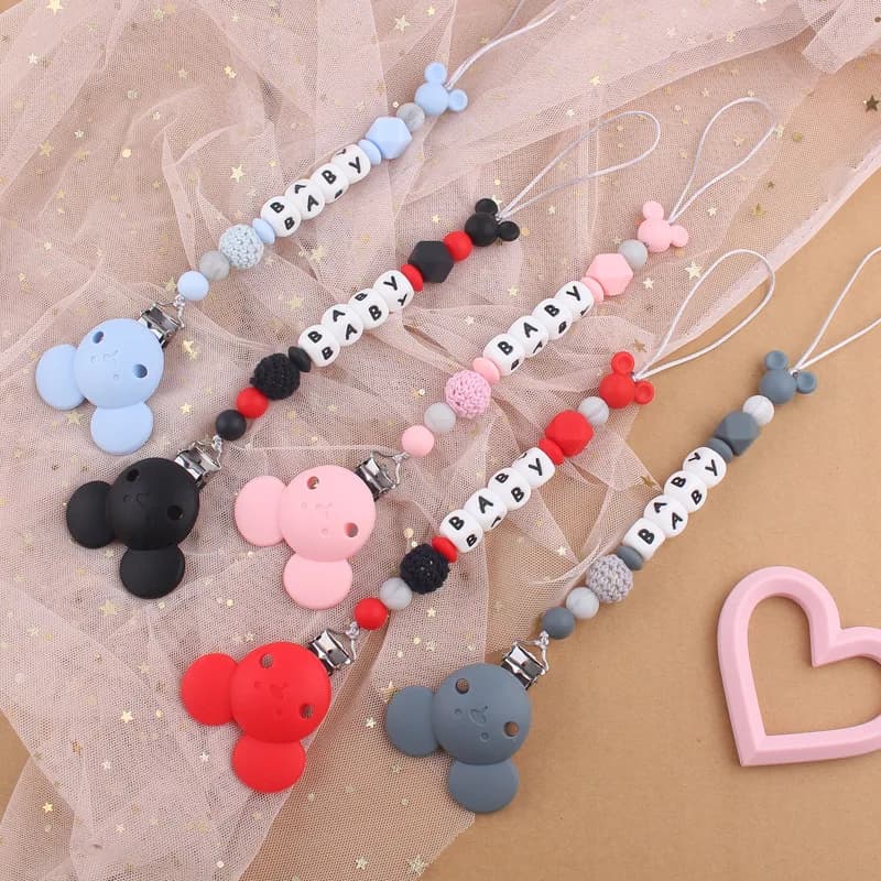 Clip porta ciuccio in silicone rotonde con catena per ciuccio fatta a mano per catena per capezzoli per massaggiagengive per bambini, nome non personalizzato