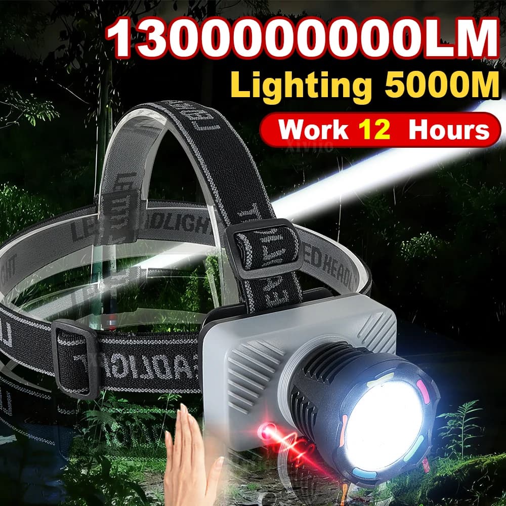 Lampada Frontale Ricaricabile Super Luminosa 1300000LM con Sensore di Movimento, Torcia Frontale a LED per Campeggio e Attività all'Aperto