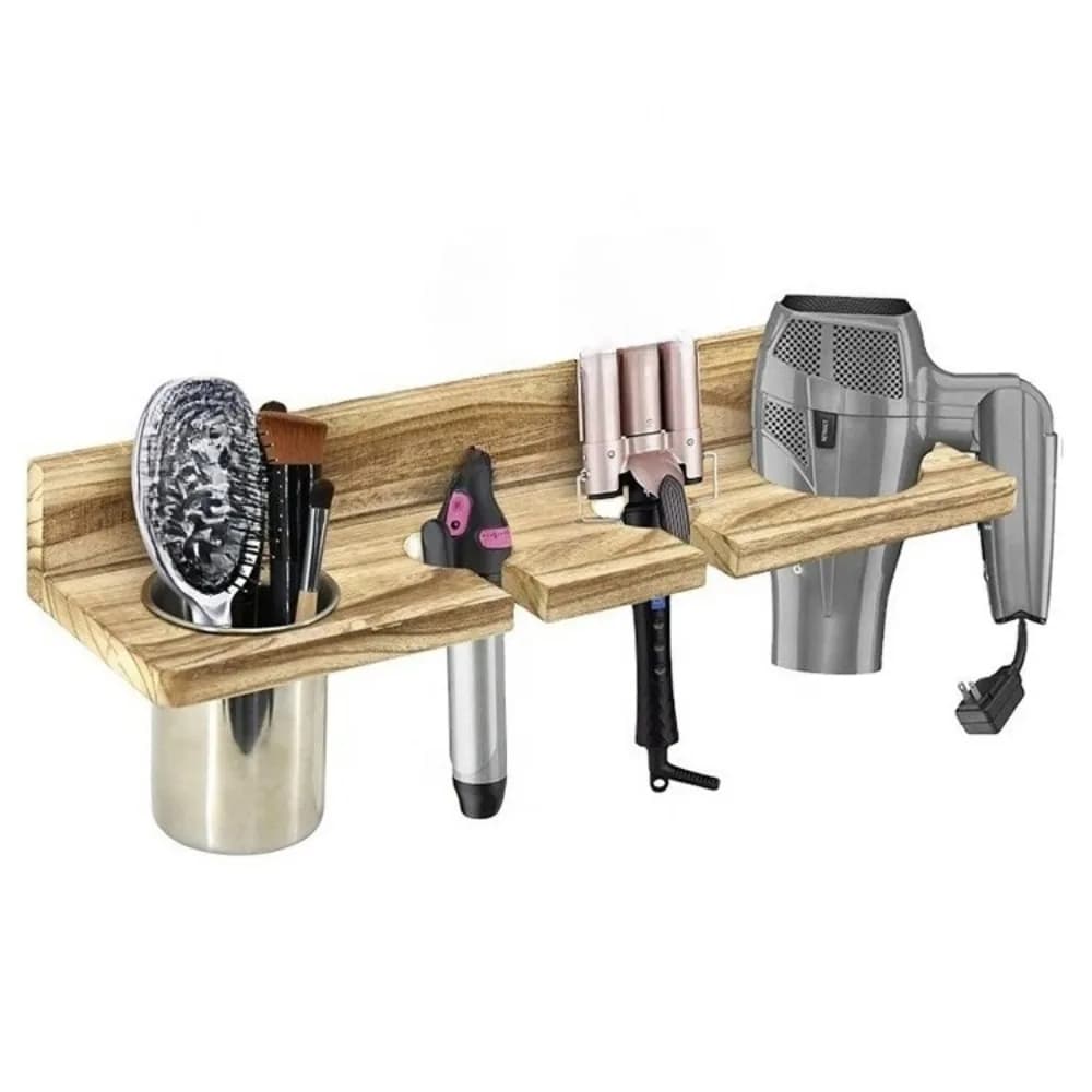 Porta asciugacapelli da bagno in legno Portaoggetti da parete per pettine in legno massello Portaoggetti per ferro arricciacapelli Portaoggetti per strumenti per parrucchieri