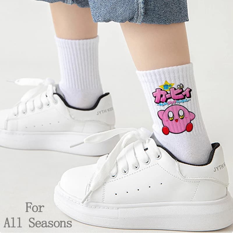 Calze lunghe da donna in cotone traspirante con stampa Kawaii di Kirby, calze alla caviglia femminili per tutte le stagioni