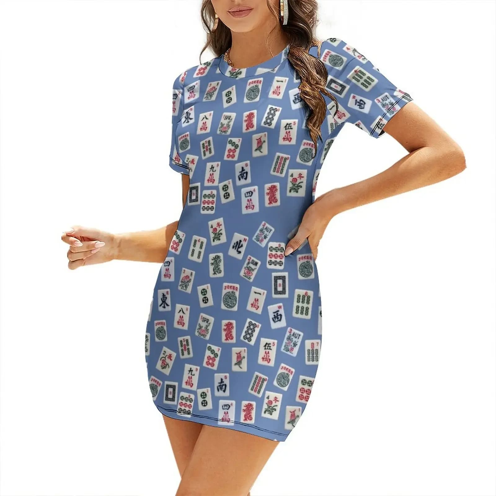 Abito a maniche corte blu con design a simboli Mahjong, abiti da sera di lusso 2026, abbigliamento donna
