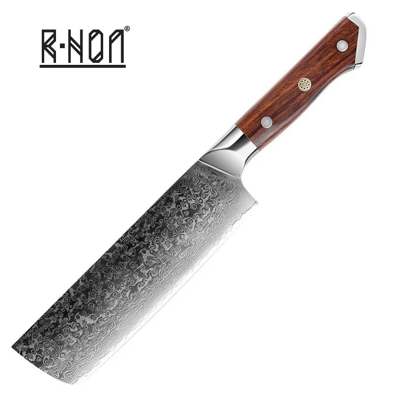 Coltello Nakiri RHON 7 Pollici in Acciaio Damascato VG10 con Manico in Legno, Coltello da Chef per Affettare Carne e Verdure, Leggero, per Uso Domestico