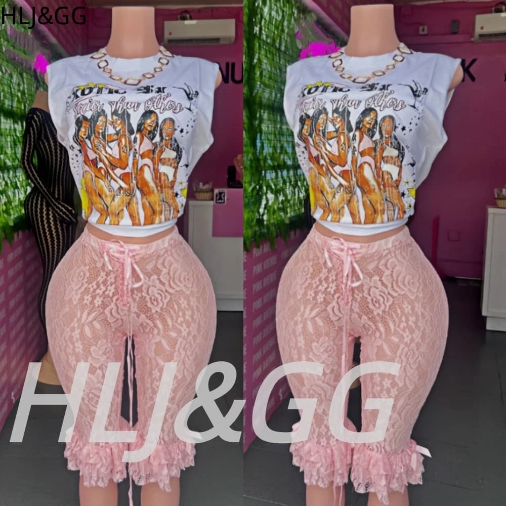 HLJ&GG Y2K Fashion Pattern Print American Style Two Piece Sets Women Round Neck Sleeveless Top + Denim Shorts Outfits Streetwear