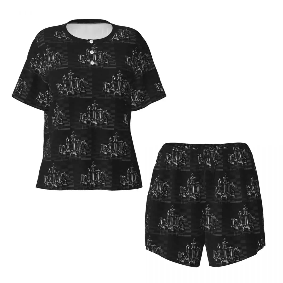 Black King Chess The-chessboard Round Neck Short Sleeve Nightgowns for Sleeping Sleepshirts Women Loose Pajama Set Short Pants