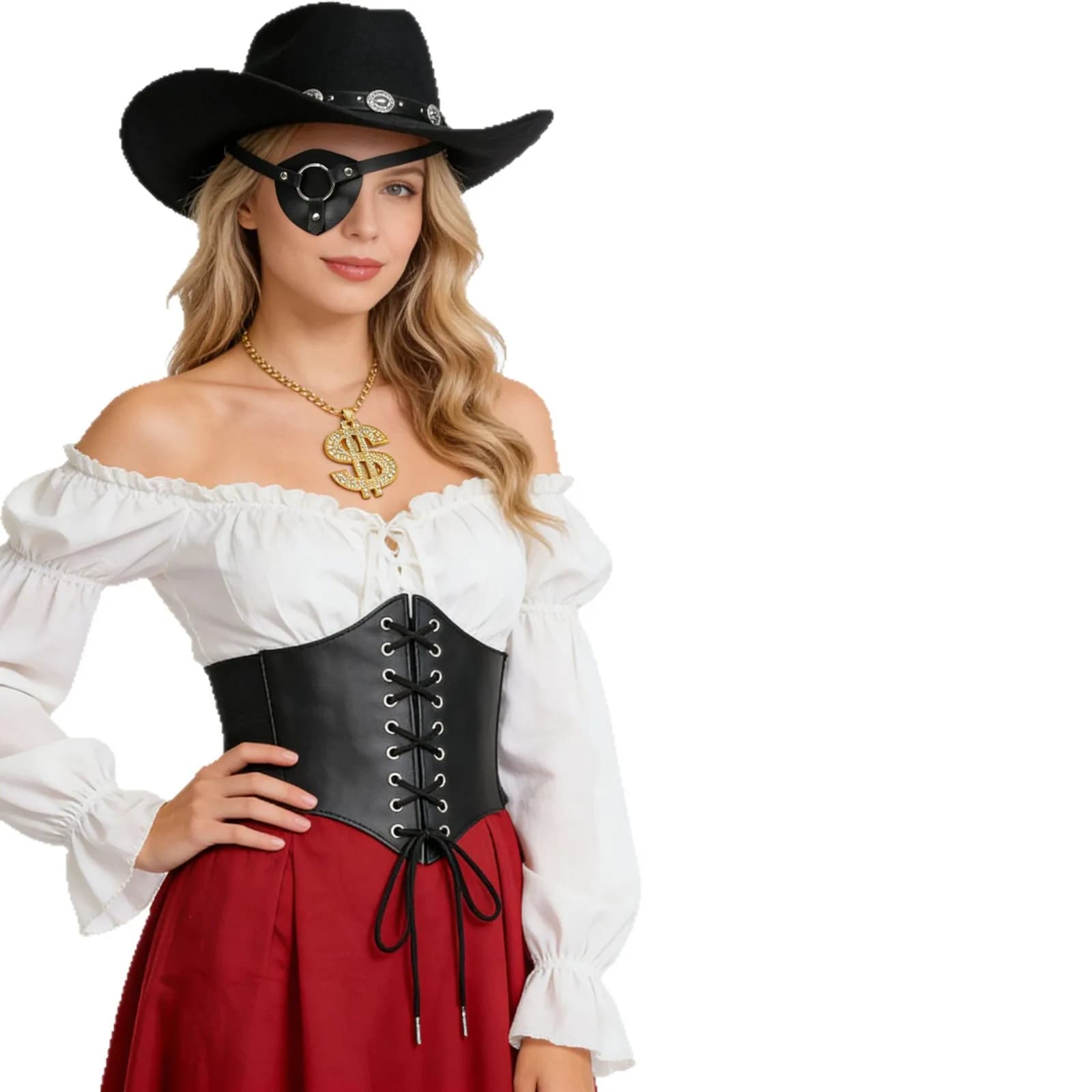 Women's Dress Style Pirate Caribbean Renaissance with Lace Panels, Large Bell skirt, Asymmetrical hem toe, Cosplay and Halloween costume