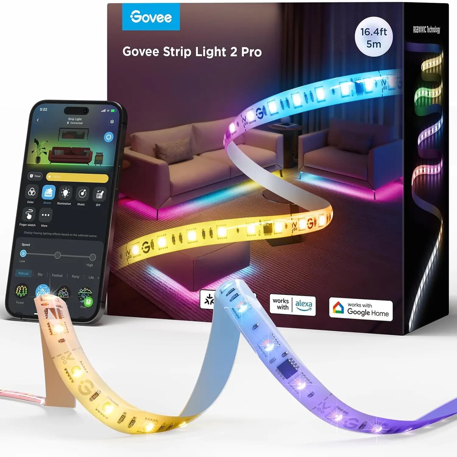 Strisce LED Intelligenti con Matter, Alexa e Google Assistant, 5 Metri RGBWWIC Cambiacolore per Decorazione Casa