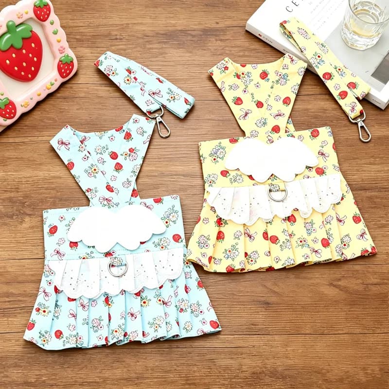Pet Suspenders Dog Harness Leash Set Cute Strawberry Floral Lace Wing Dog Harness Dress Puppy Skirt Chihuahua Bichon Chest Strap