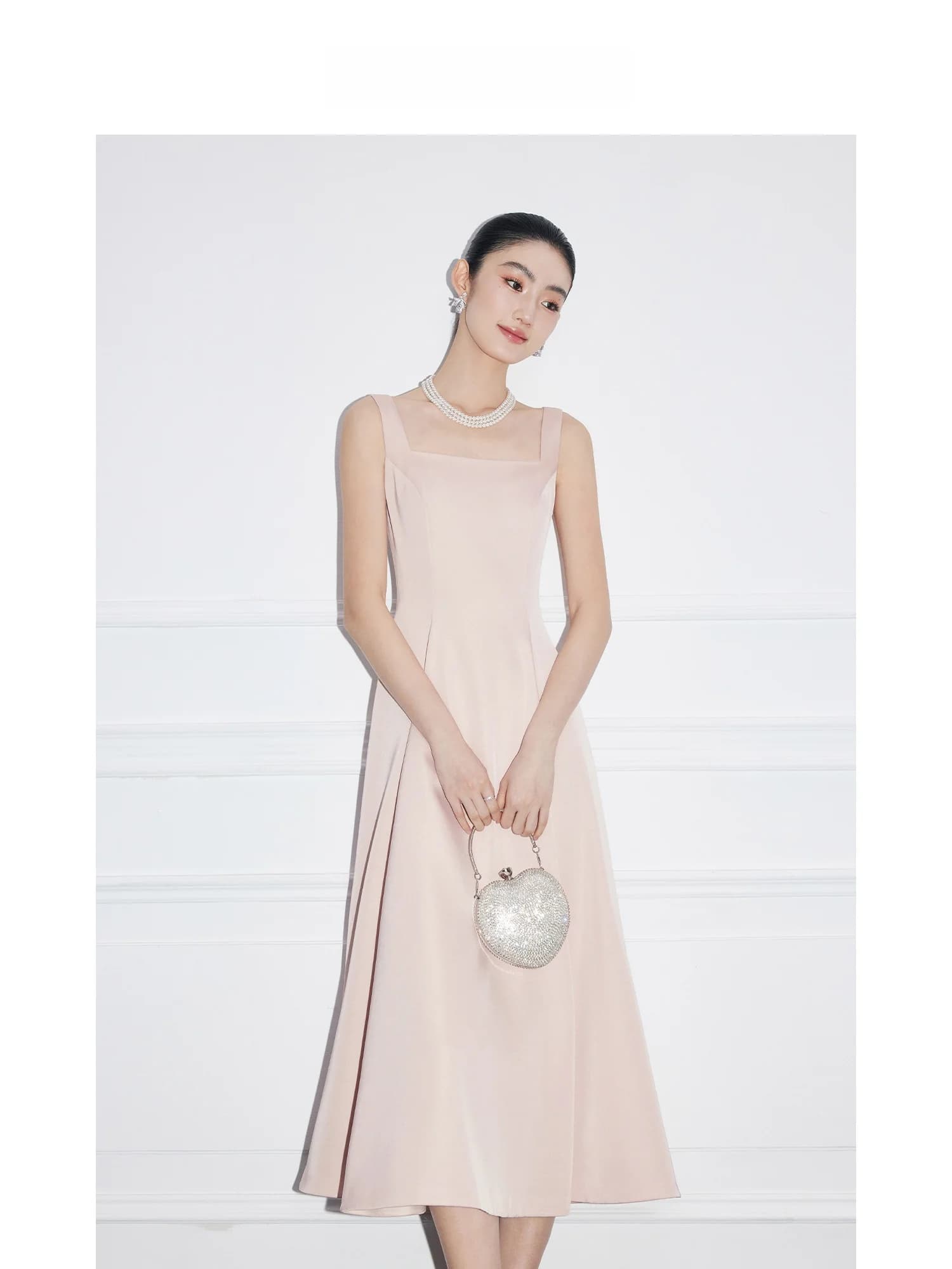 Elegant Pink Silk Satin Dress Women's Summer Knot Waist Cinching Gown MandyZhang Midi Length Sleeveless Gown